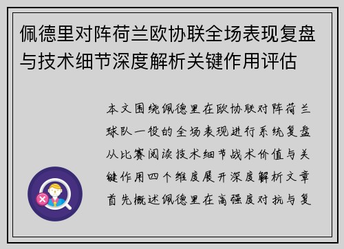 佩德里对阵荷兰欧协联全场表现复盘与技术细节深度解析关键作用评估